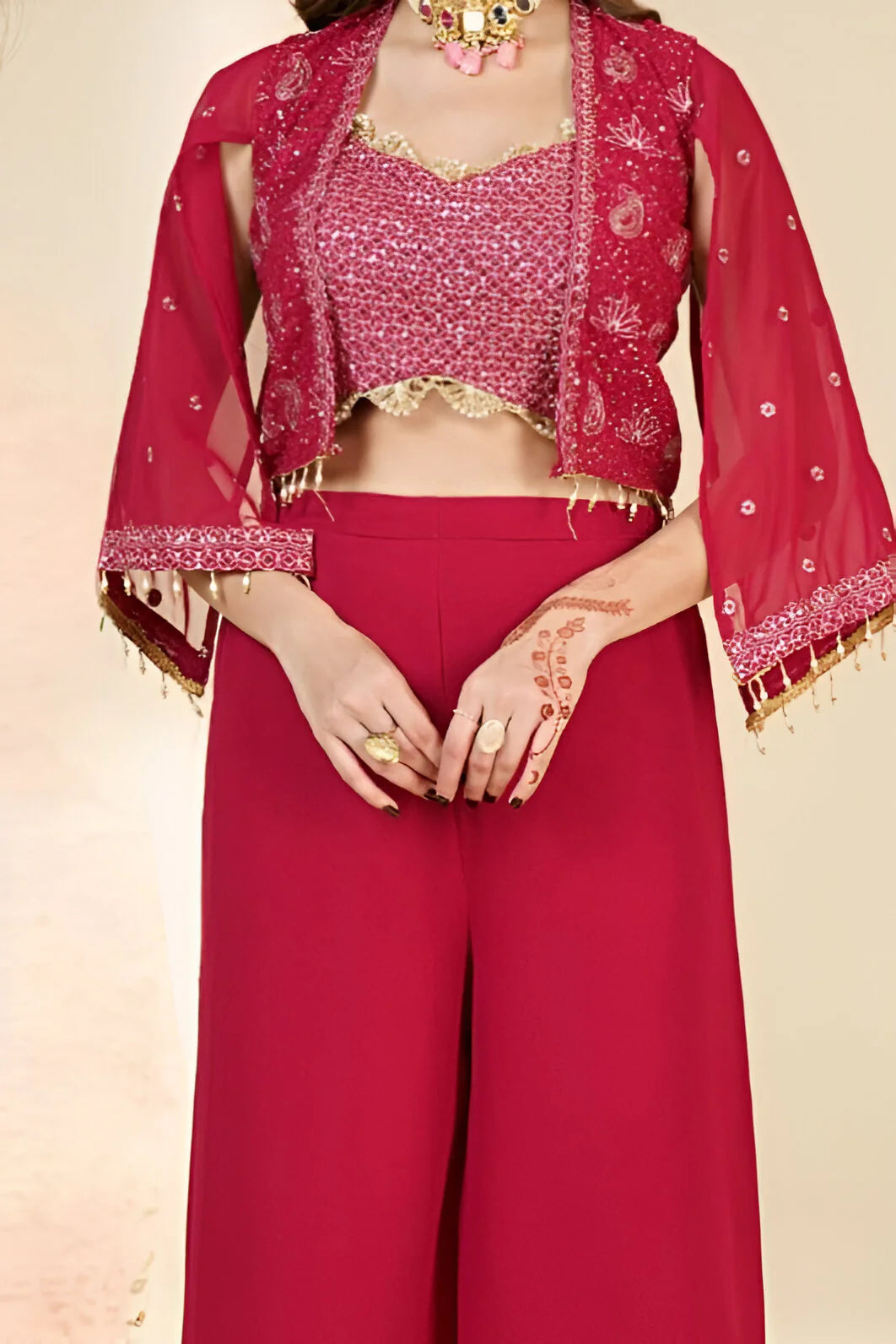 Elegant red kurta paired with matching dupatta in this chic co-Ord palazzo set, ideal for casual and festive wear.