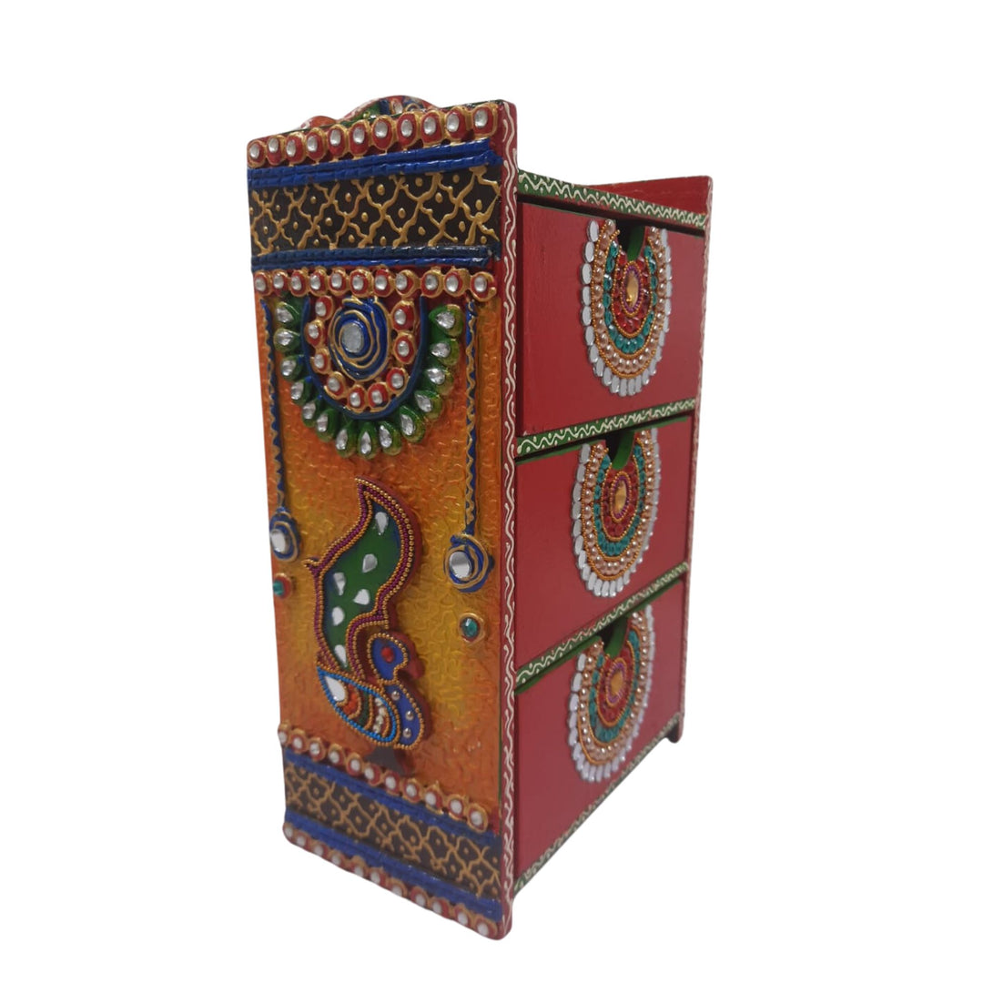 Vibrant multi-color wooden organizer box designed for jewelry and keepsakes.