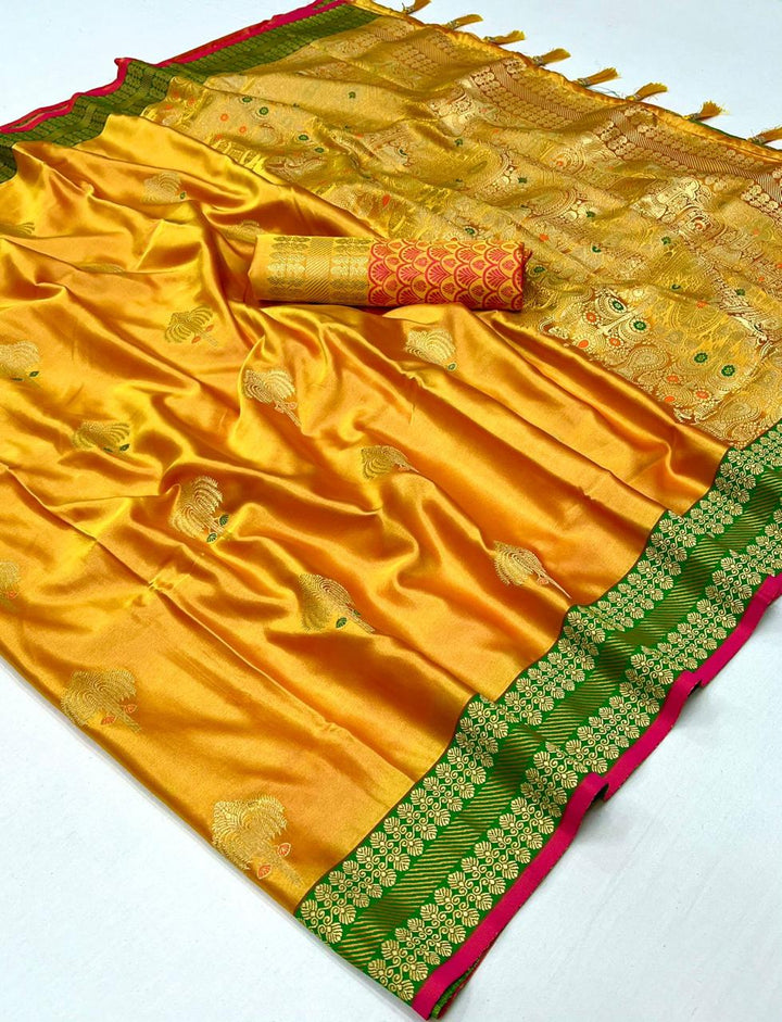 Timeless Pure Satin Saree | Gold Zari Buta & Ethnic Border for Weddings