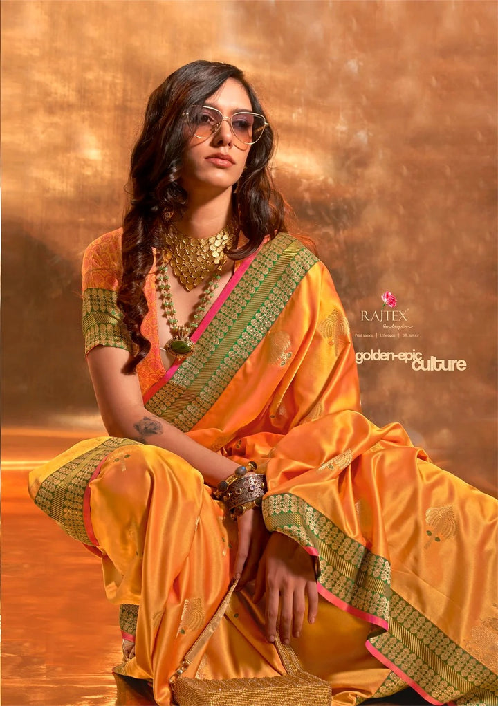 Timeless Pure Satin Saree | Gold Zari Buta & Ethnic Border for Weddings