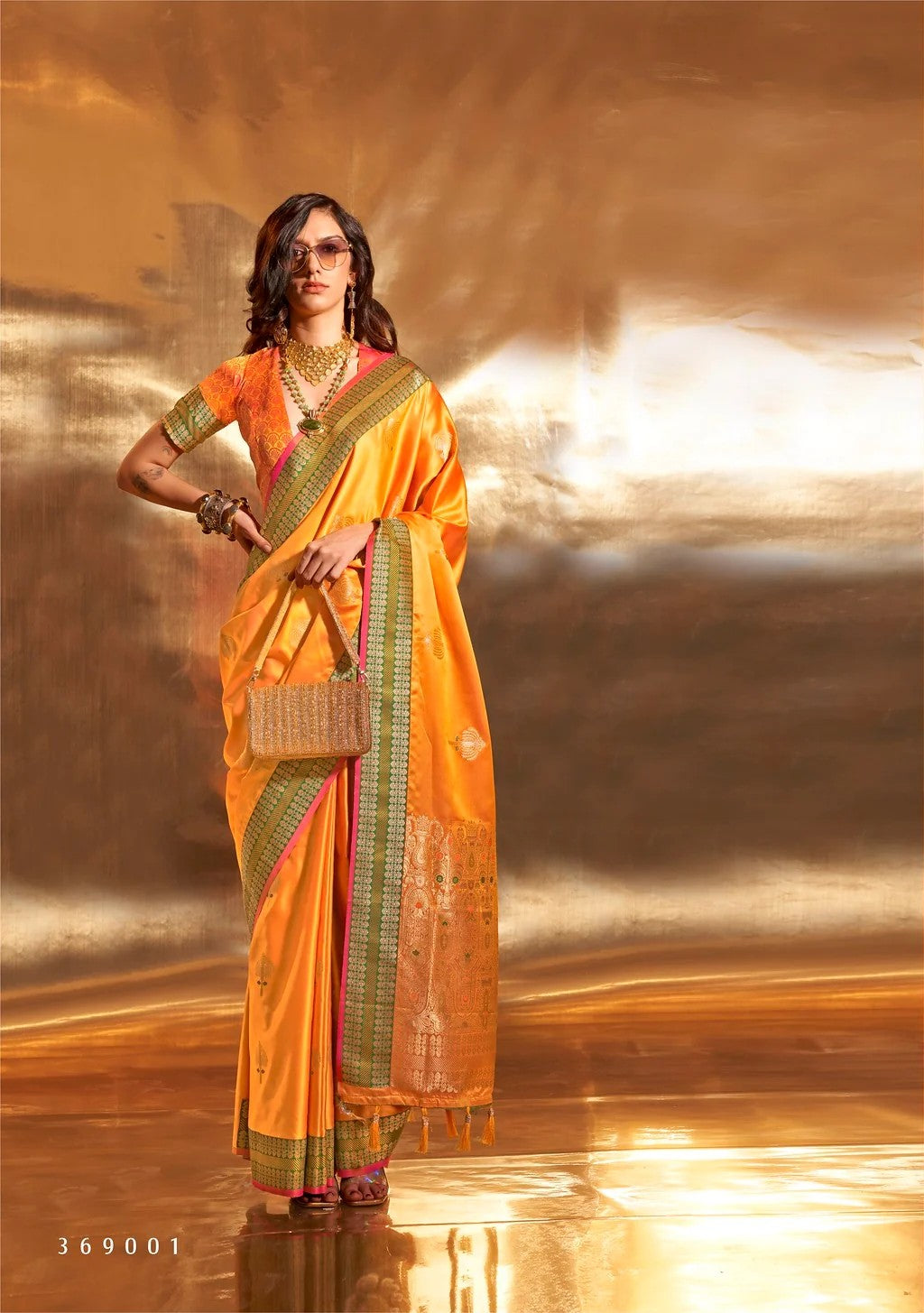 Timeless Pure Satin Saree | Gold Zari Buta & Ethnic Border for Weddings