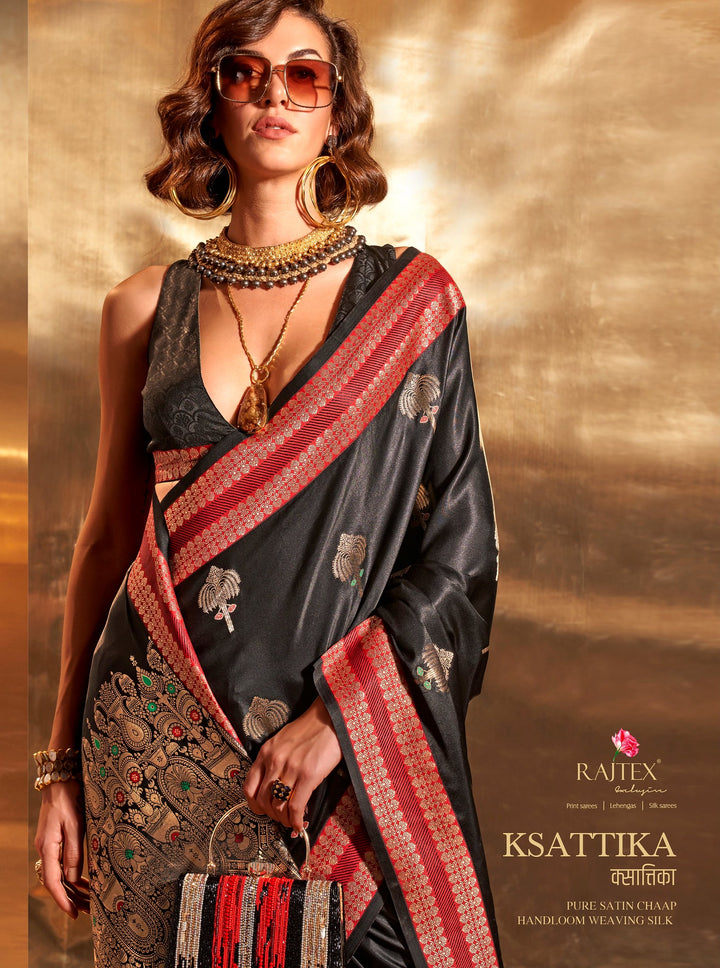 Timeless Pure Satin Saree | Gold Zari Buta & Ethnic Border for Weddings