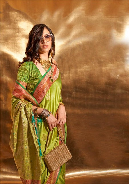 Timeless Pure Satin Saree | Gold Zari Buta & Ethnic Border for Weddings