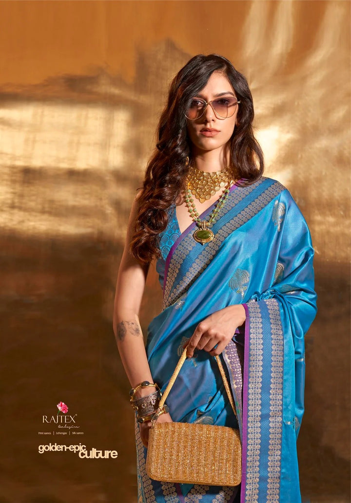 Timeless Pure Satin Saree | Gold Zari Buta & Ethnic Border for Weddings