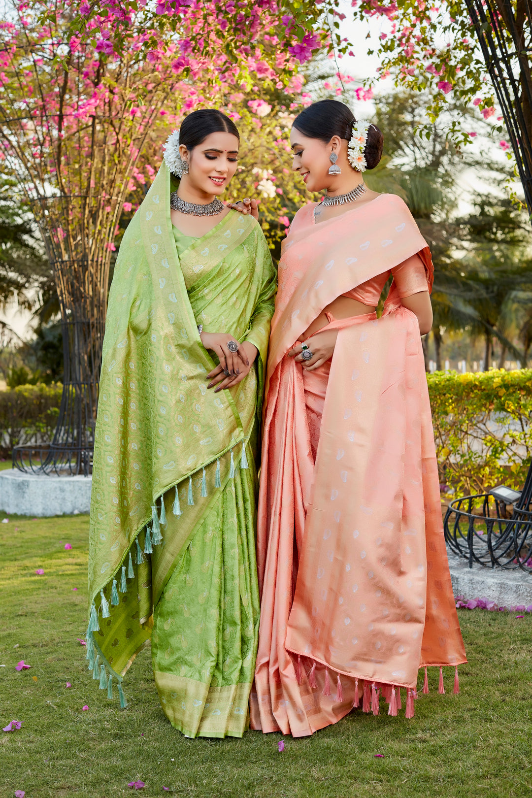 Radiant peach satin silk Kanjivaram saree with intricate butta work and woven pallu, ideal for celebrations.