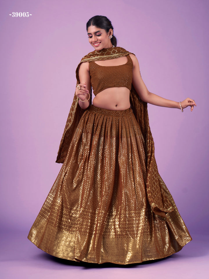 Designer Brown Lehenga Choli | Dori Embroidery for Elegant Style