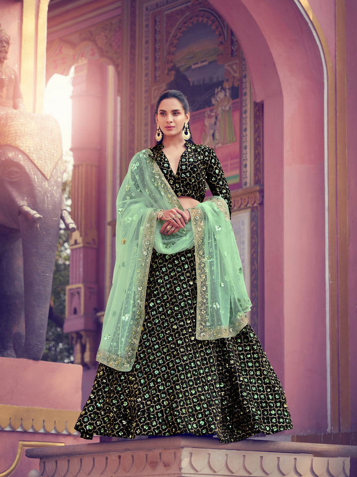 Trendy Black & Green Lehenga Choli | Sequins Party Wear Lehenga Set