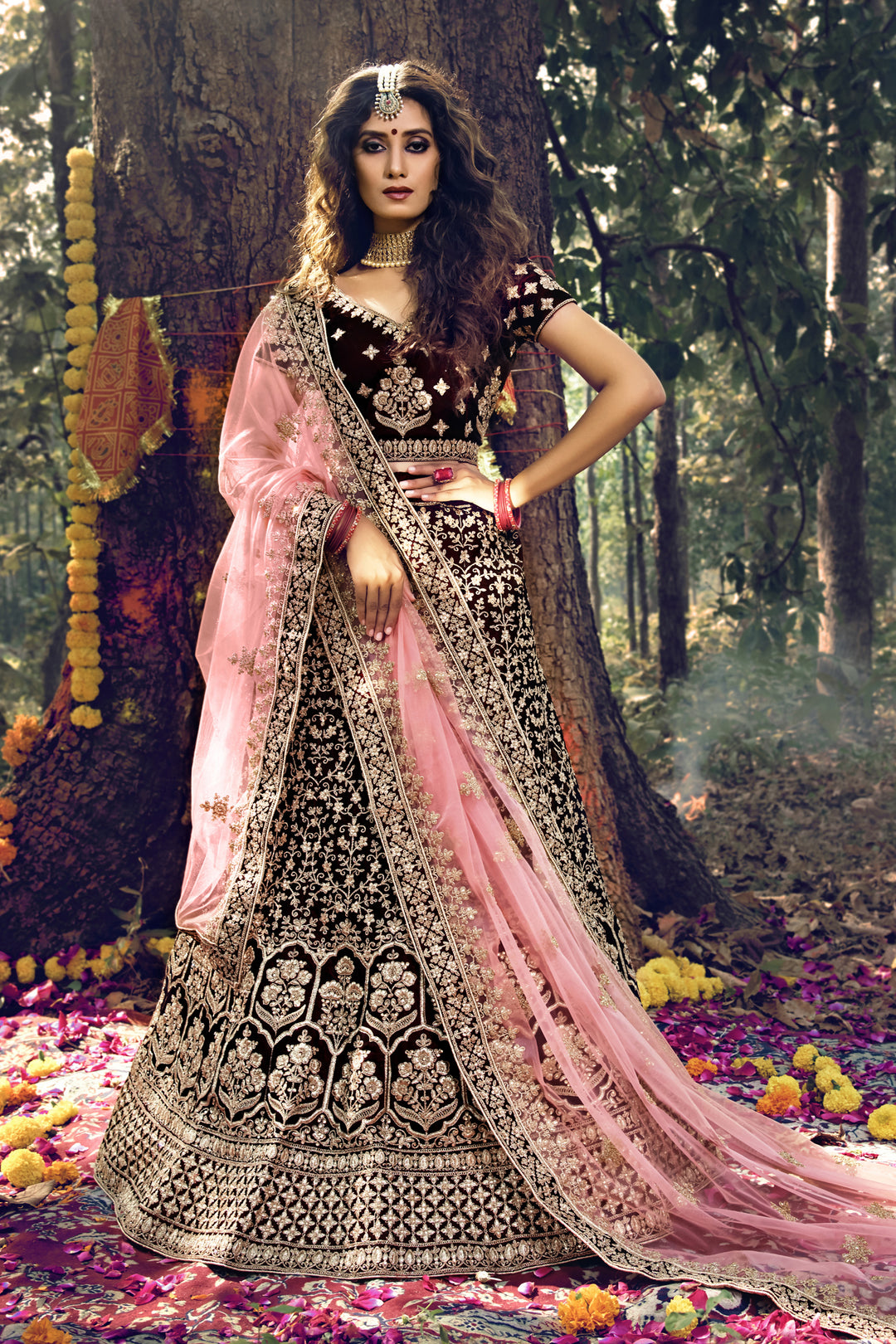 Dark Maroon Velvet Semi-Stitched Lehenga | Embroidered with Soft Net Dupatta