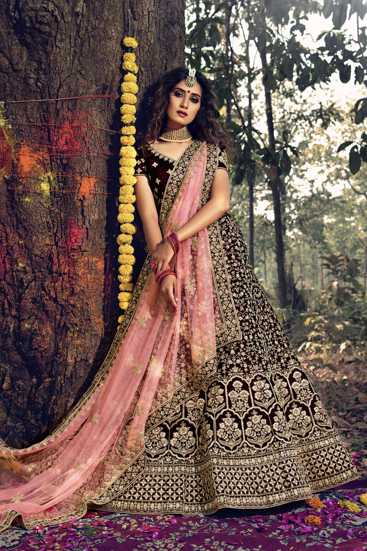 Dark Maroon Velvet Semi-Stitched Lehenga | Embroidered with Soft Net Dupatta