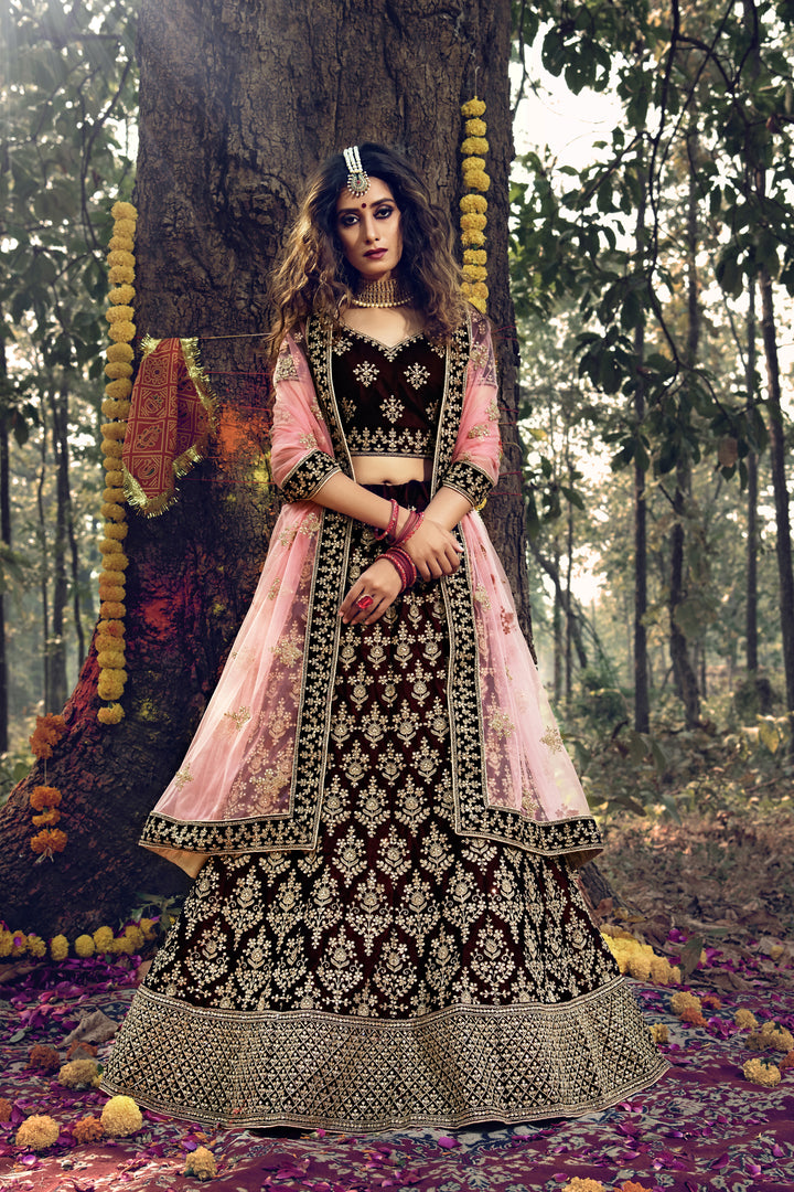 Maroon Semi Stitched Lehenga | Mirror Work Velvet Lehenga with Dupatta