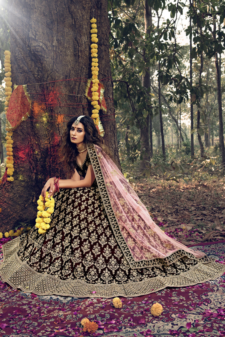 Maroon Semi Stitched Lehenga | Mirror Work Velvet Lehenga with Dupatta