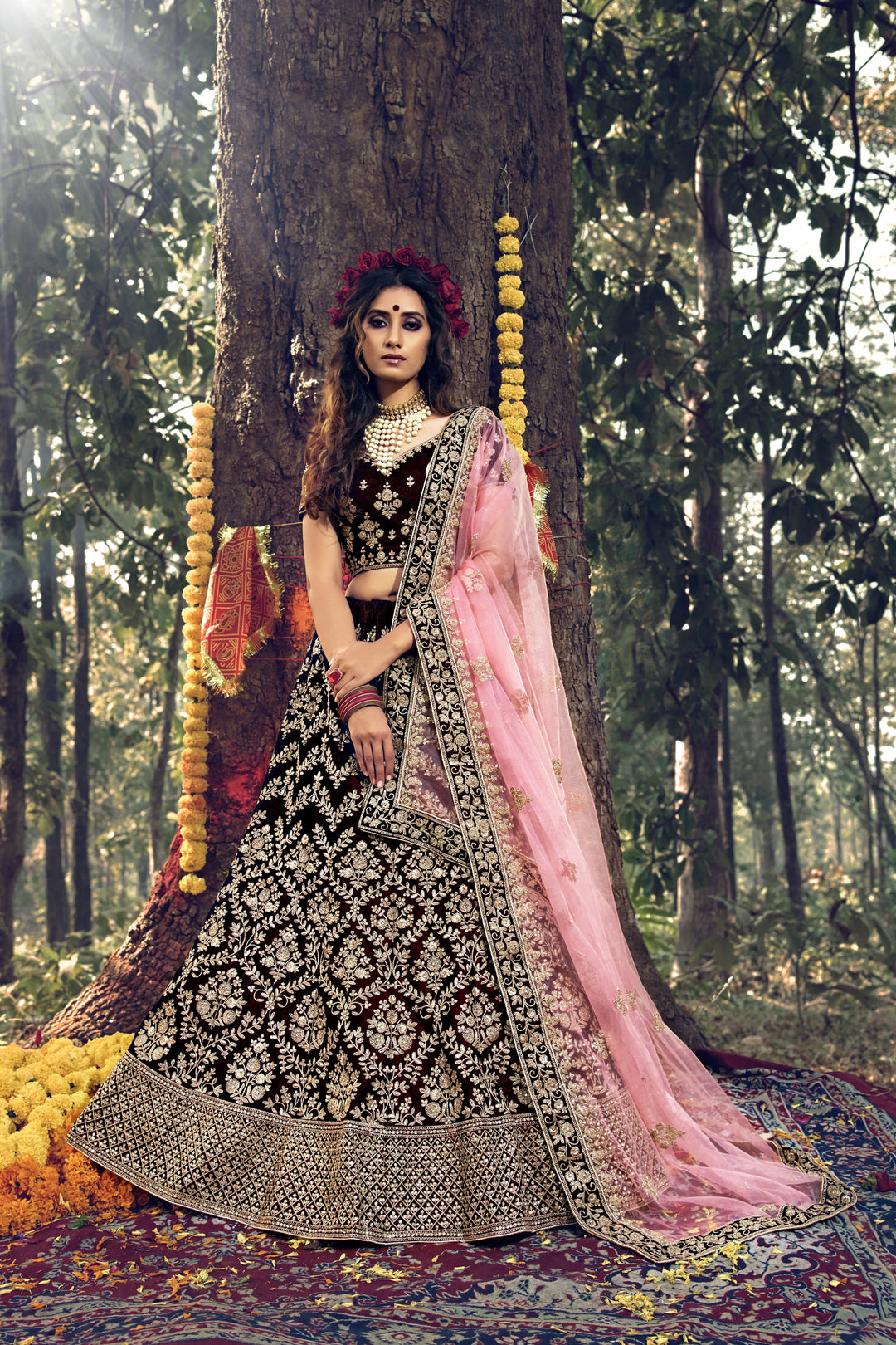 Dark Maroon Velvet Bridal Lehenga | Stone Work with Soft Net Dupatta