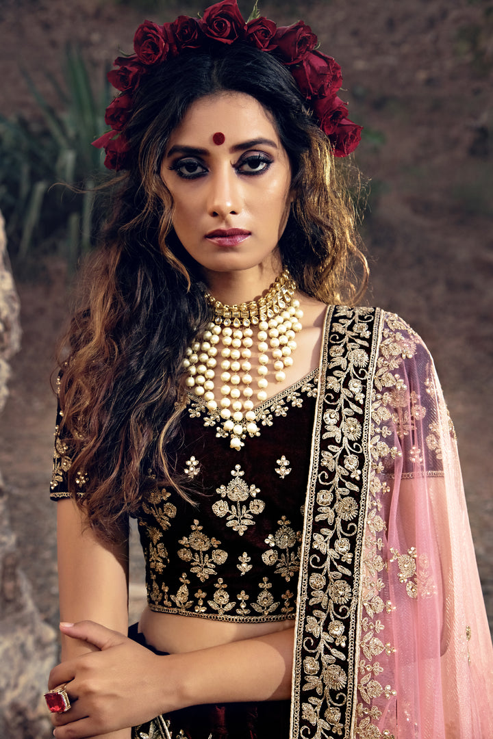 Dark Maroon Velvet Bridal Lehenga | Stone Work with Soft Net Dupatta