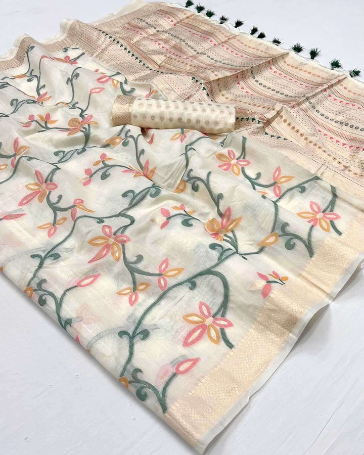 Luxurious Jamdani Malmal Spun Cotton Saadi | Intricate Print for Festivals