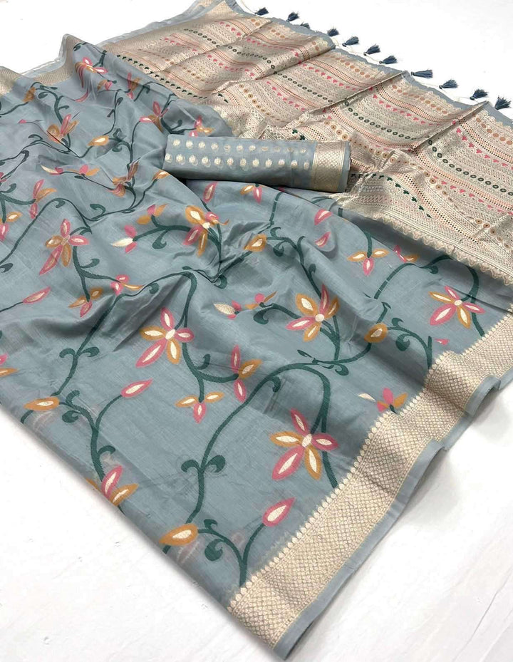 Luxurious Jamdani Malmal Spun Cotton Saadi | Intricate Print for Festivals