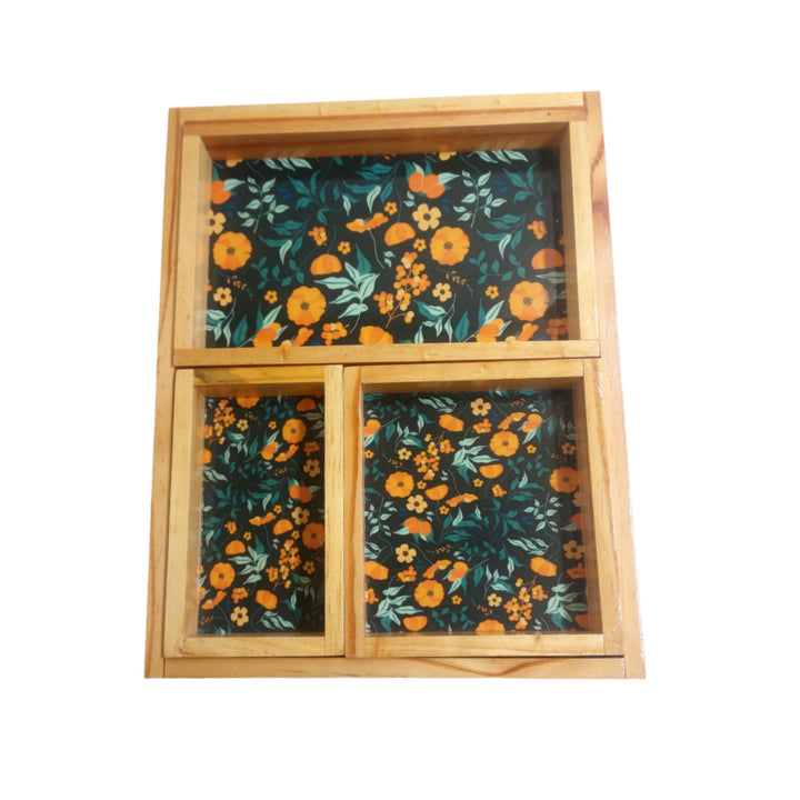 Versatile wooden tray set with bright colors, perfect for serving snacks or decorative display.