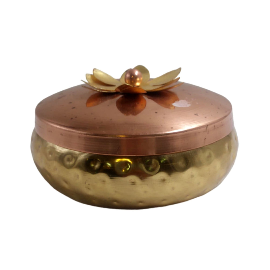 Decorative iron dry fruit box with lid, featuring elegant golden and brown accents