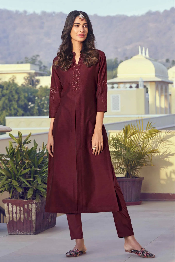 Stylish Maroon Silk Outfit | Elegant Hand Embroidery & Digital Prints for Festive Occasions