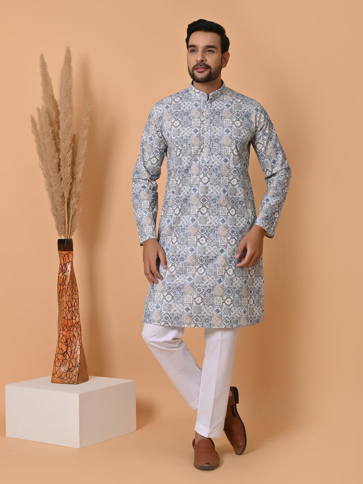 Chikan Blue Kurta Set | Stand Collar Full Sleeve Cotton Blend for Festive