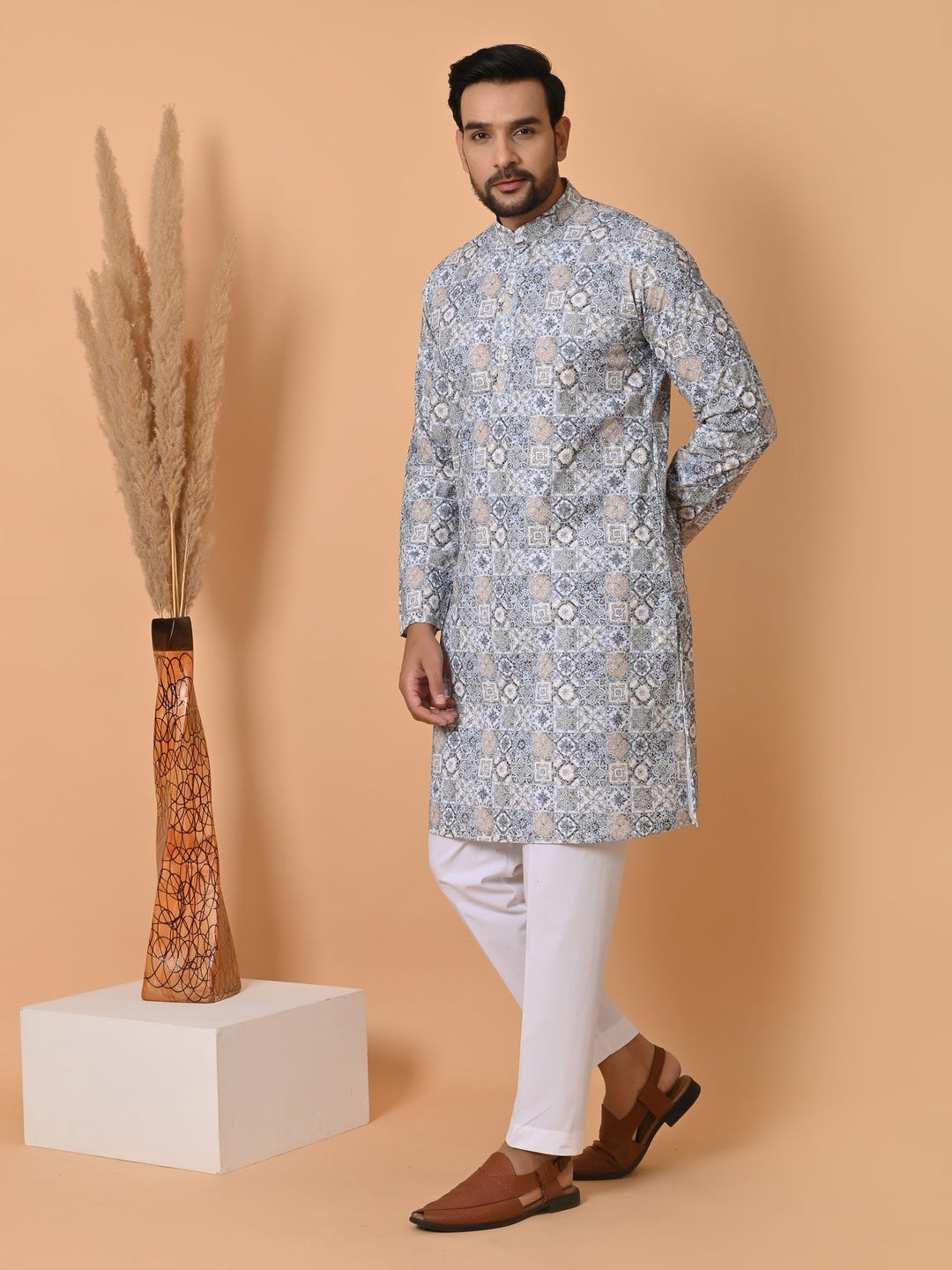 Chikan Blue Kurta Set | Stand Collar Full Sleeve Cotton Blend for Festive