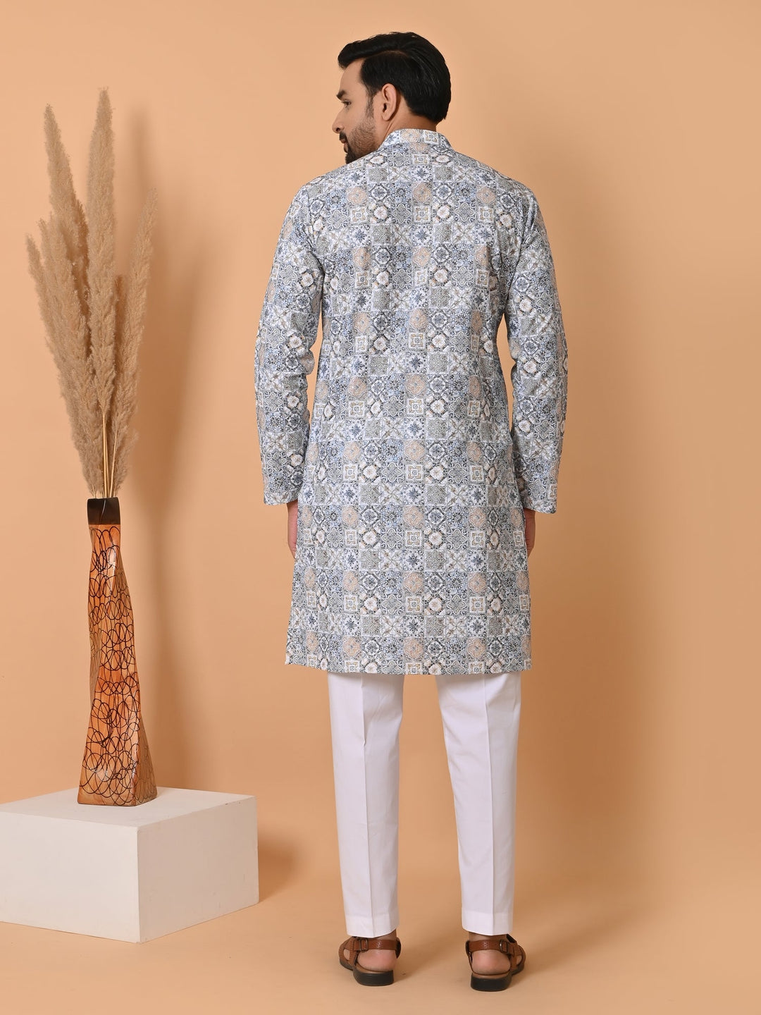 Chikan Blue Kurta Set | Stand Collar Full Sleeve Cotton Blend for Festive