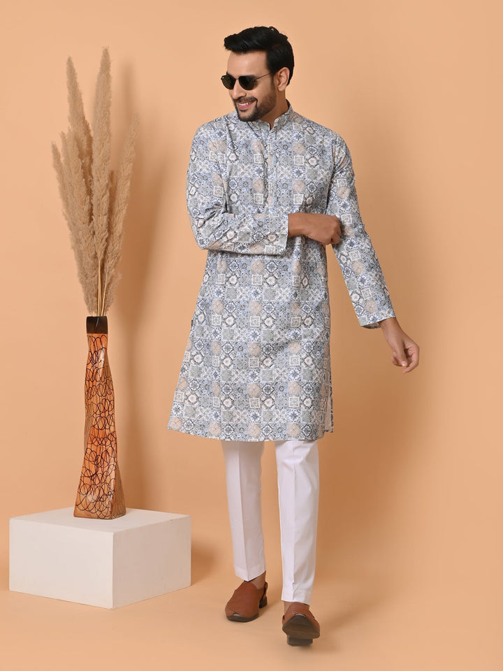 Chikan Blue Kurta Set | Stand Collar Full Sleeve Cotton Blend for Festive