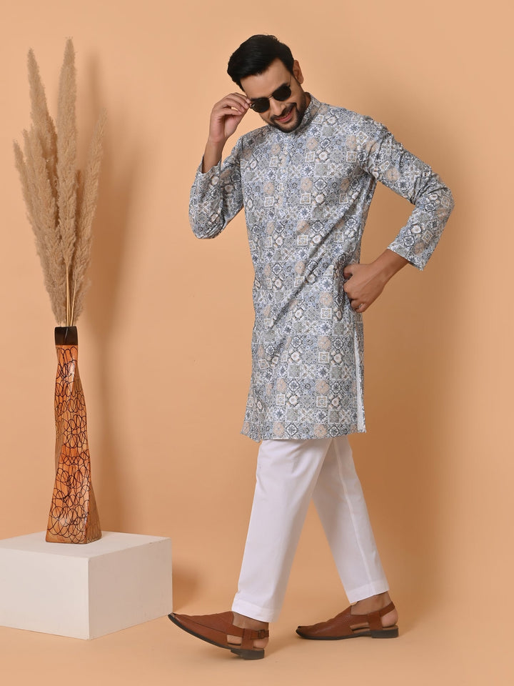 Chikan Blue Kurta Set | Stand Collar Full Sleeve Cotton Blend for Festive