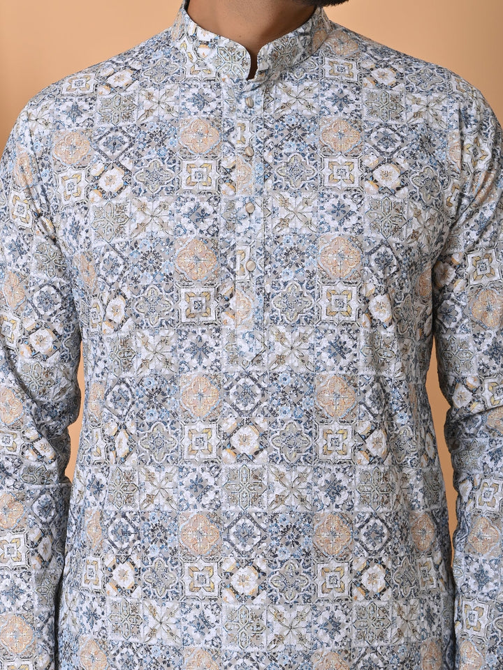 Chikan Blue Kurta Set | Stand Collar Full Sleeve Cotton Blend for Festive