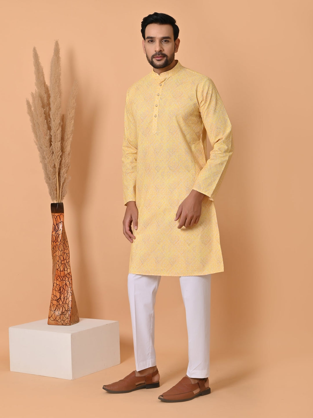 Chikan Printed Kurta Set | Festive Cotton Blend Full Sleeves Wear