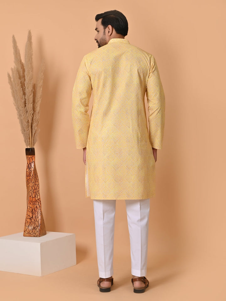 Chikan Printed Kurta Set | Festive Cotton Blend Full Sleeves Wear