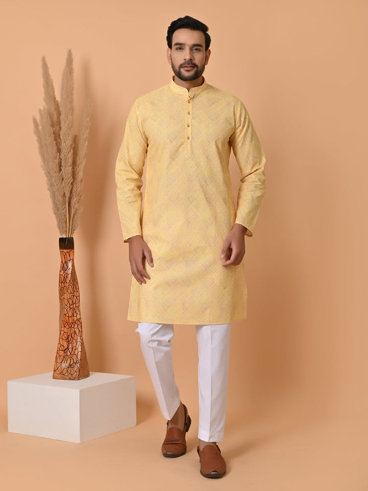 Chikan Printed Kurta Set | Festive Cotton Blend Full Sleeves Wear