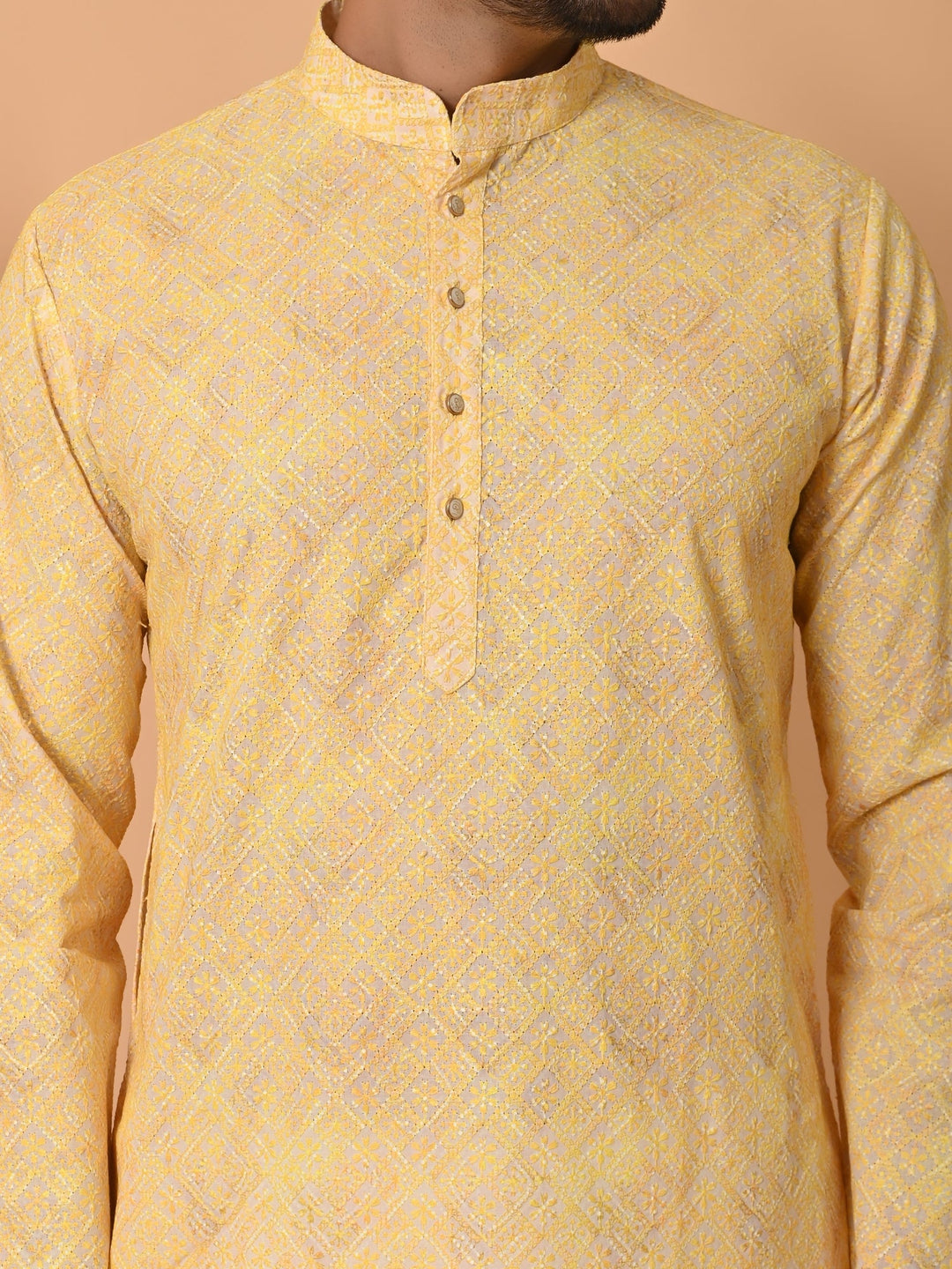 Chikan Printed Kurta Set | Festive Cotton Blend Full Sleeves Wear