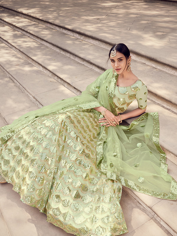 Pista Green Designer Lehenga Choli | Sequins Work Party Wear Set