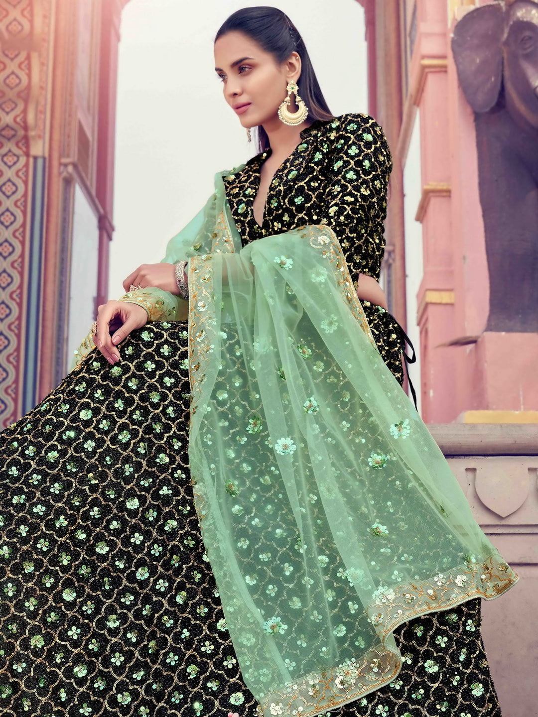 Black & Green Bridal Lehenga Choli | Sequins Party Wear Lehenga Set