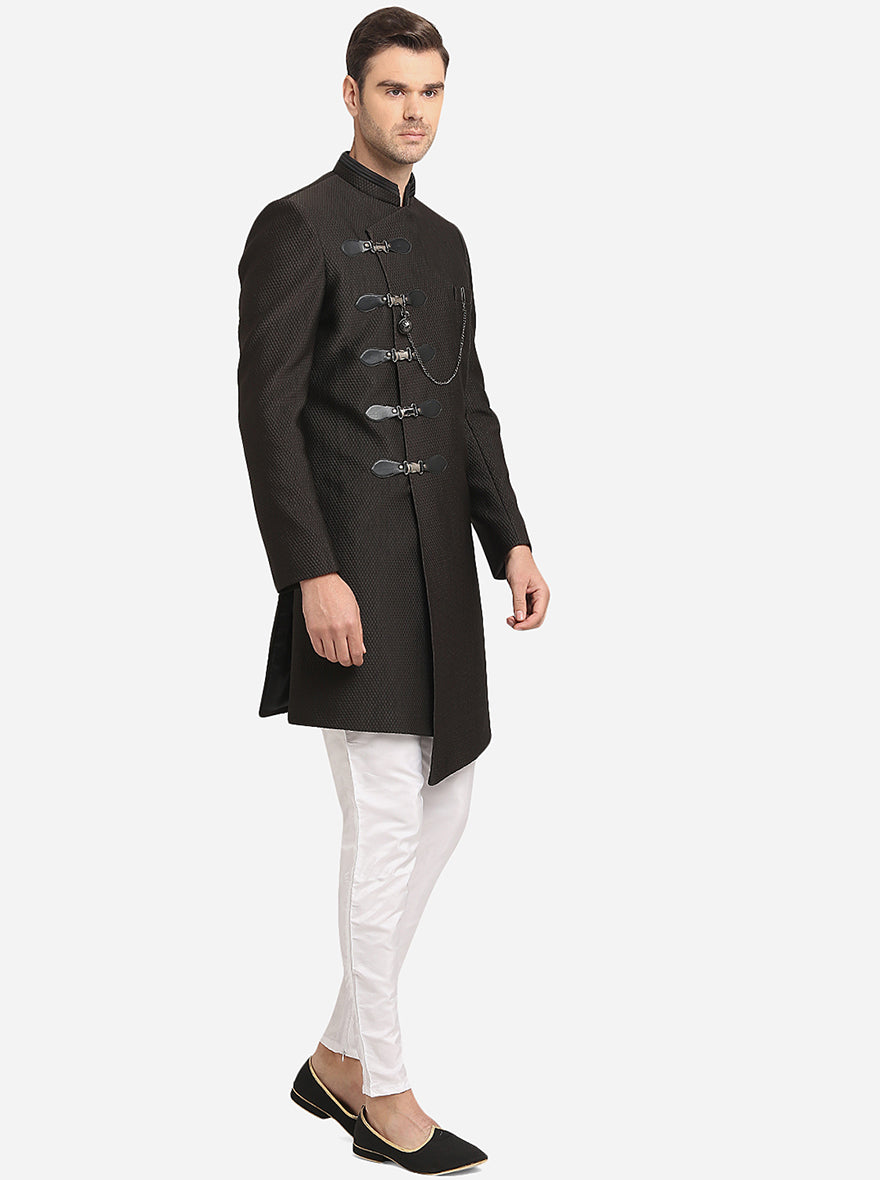 Men’s Black Indo Western outfit with modern design and ethnic self-pattern.