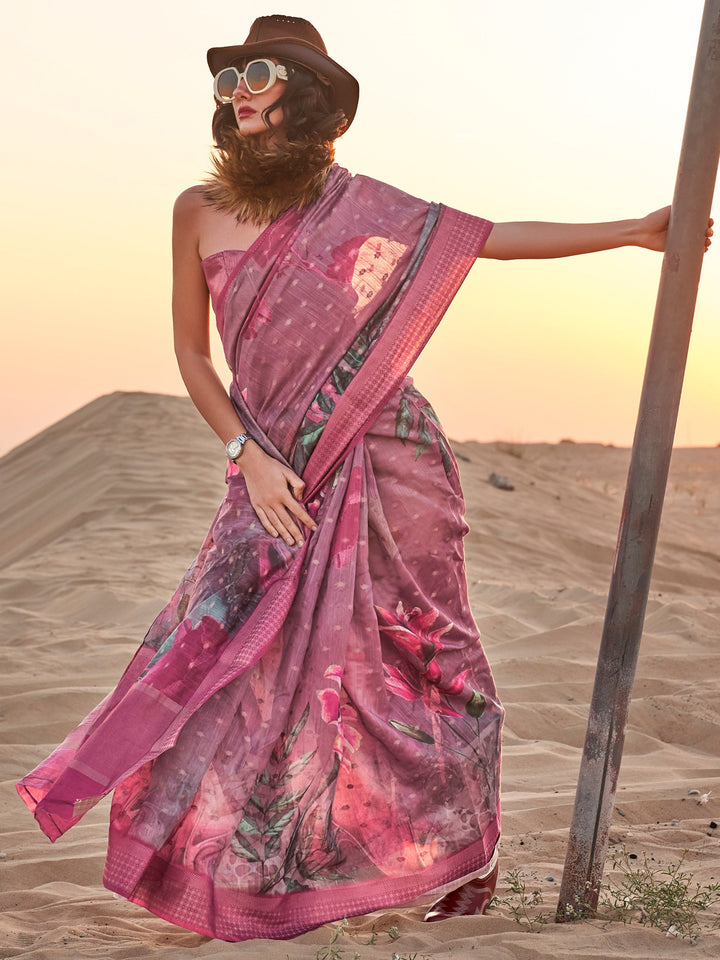 Red linen saree crafted for elegance and style.