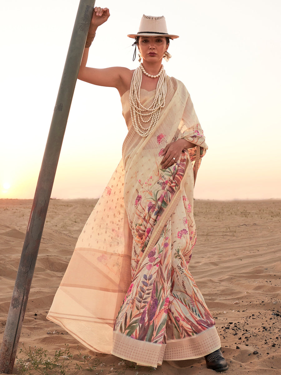 Red linen saree crafted for elegance and style.