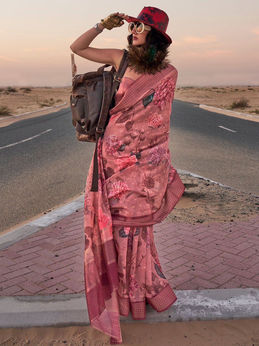 Pink linen saree crafted for elegance and style.