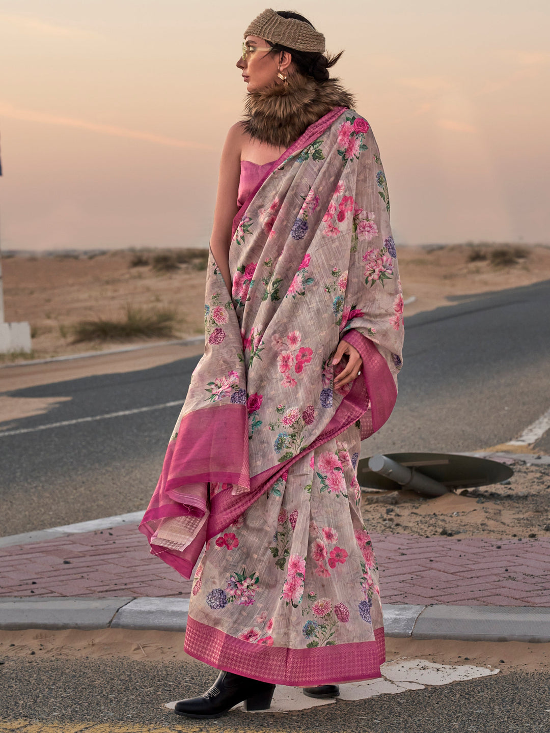 Red linen saree crafted for elegance and style.