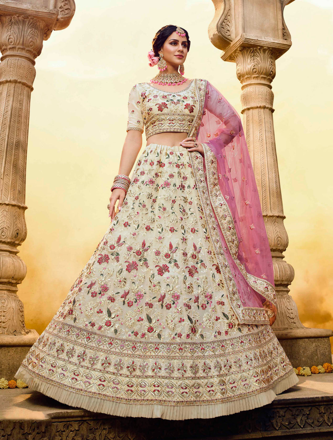 Off-White and Pink Bridal Lehenga | A-Line Design with Zari and Stone Work