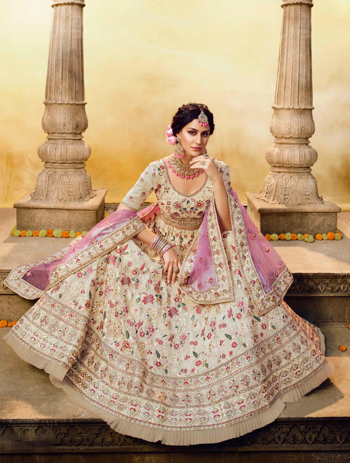 Off-White and Pink Bridal Lehenga | A-Line Design with Zari and Stone Work