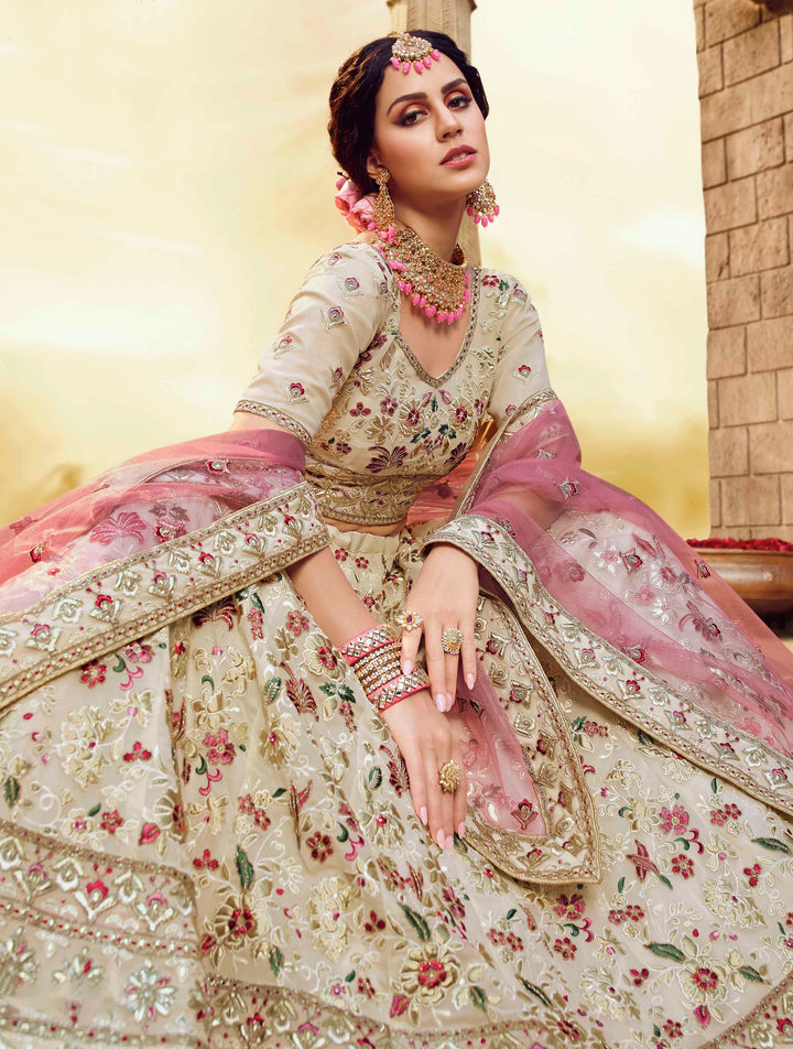 Off-White and Pink Bridal Lehenga | A-Line Design with Zari and Stone Work