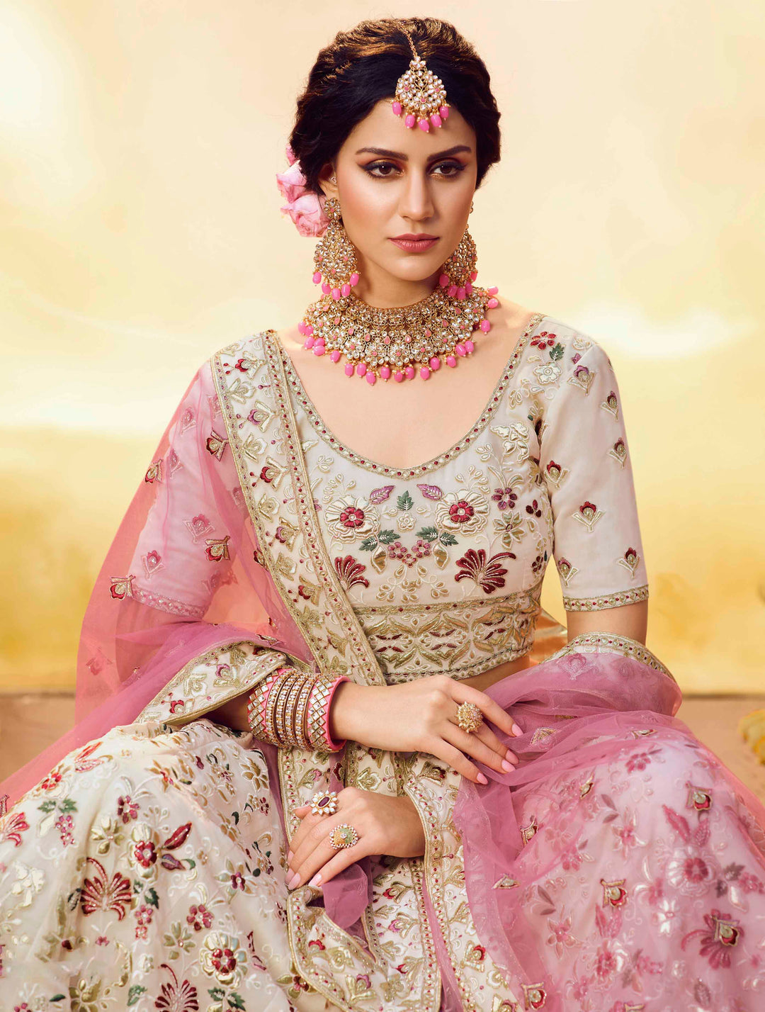 Off-White and Pink Bridal Lehenga | A-Line Design with Zari and Stone Work