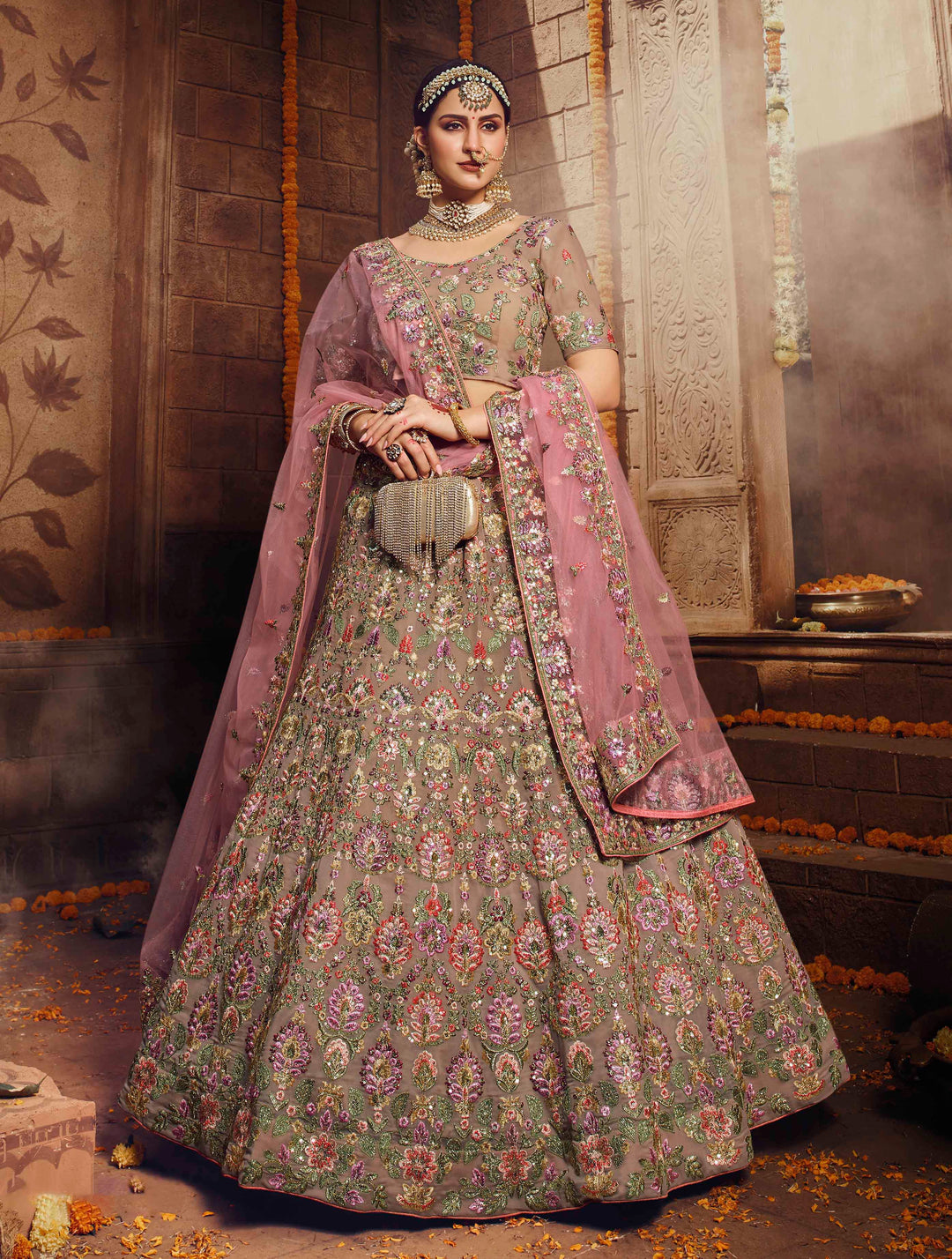 Shaadi Special Light Brown Georgette Lehenga | Embroidered with Pink Dupatta