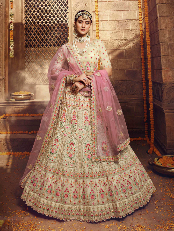 Elegant Organza Lehenga Set | Cream Lehenga with Light Beige Choli and Pink Dupatta