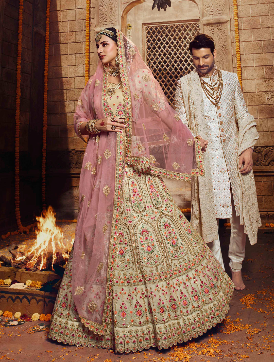 Elegant Organza Lehenga Set | Cream Lehenga with Light Beige Choli and Pink Dupatta