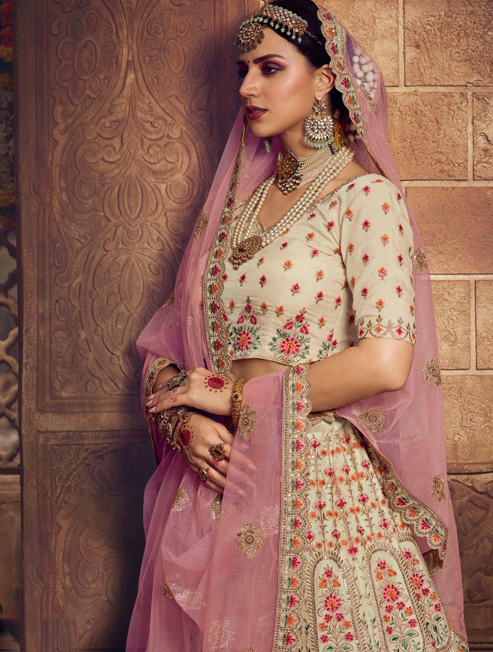 Elegant Organza Lehenga Set | Cream Lehenga with Light Beige Choli and Pink Dupatta