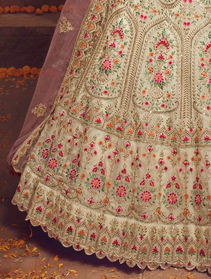 Elegant Organza Lehenga Set | Cream Lehenga with Light Beige Choli and Pink Dupatta