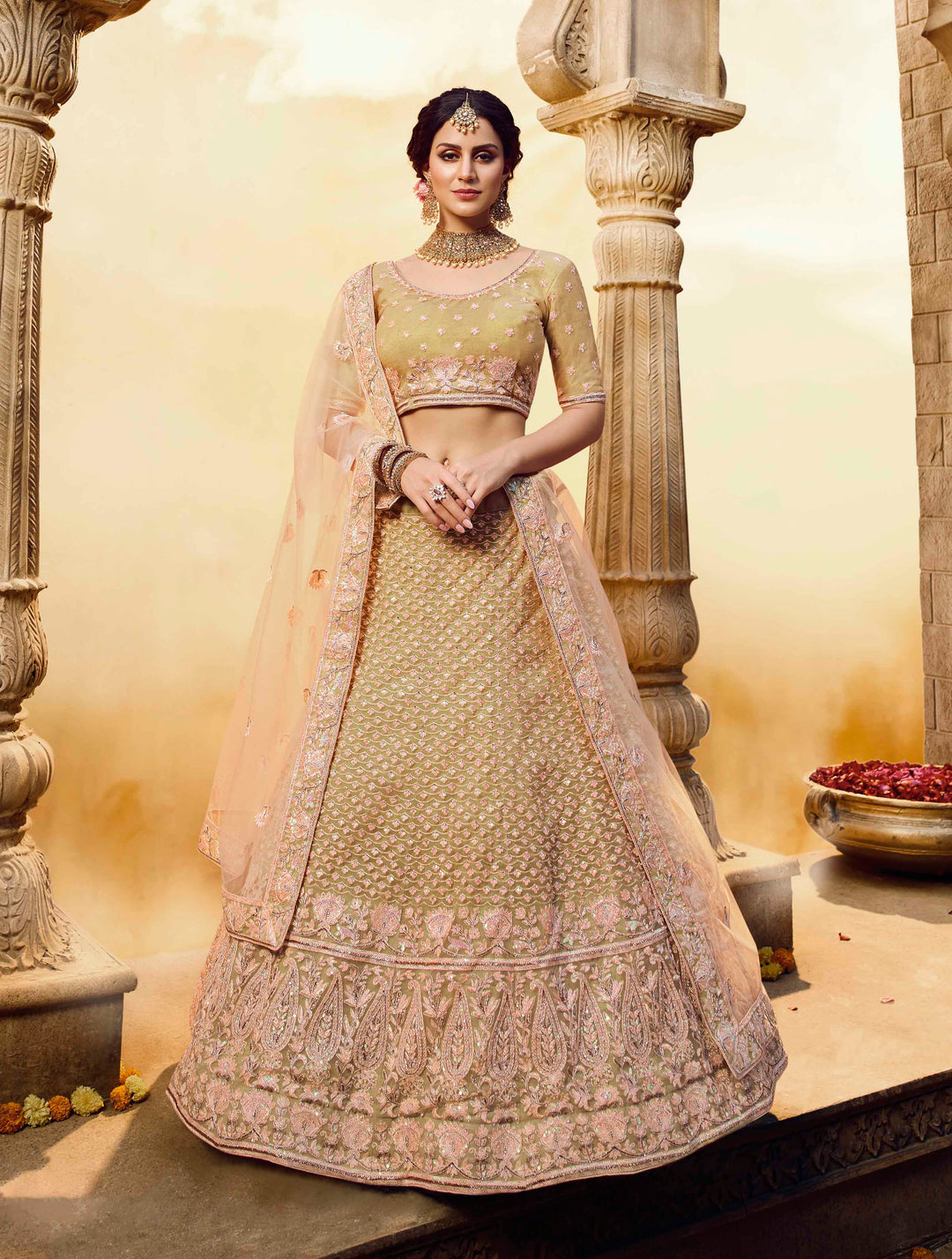 Semi-Stitched Gold Net Lehenga | Embroidered Lehenga with Aari Work