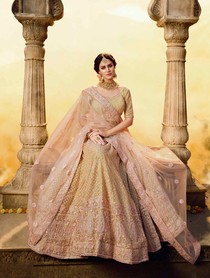 Semi-Stitched Gold Net Lehenga | Embroidered Lehenga with Aari Work